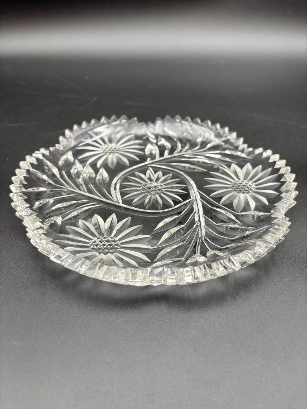 Vintage American Brilliant Period Cut Crystal Dish Floral Patterns 8 Inch